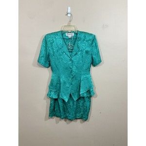 VTG Argenti Petite Sophisticates Silk Skirt Suit Blue Floral 80s Glam Party 2P